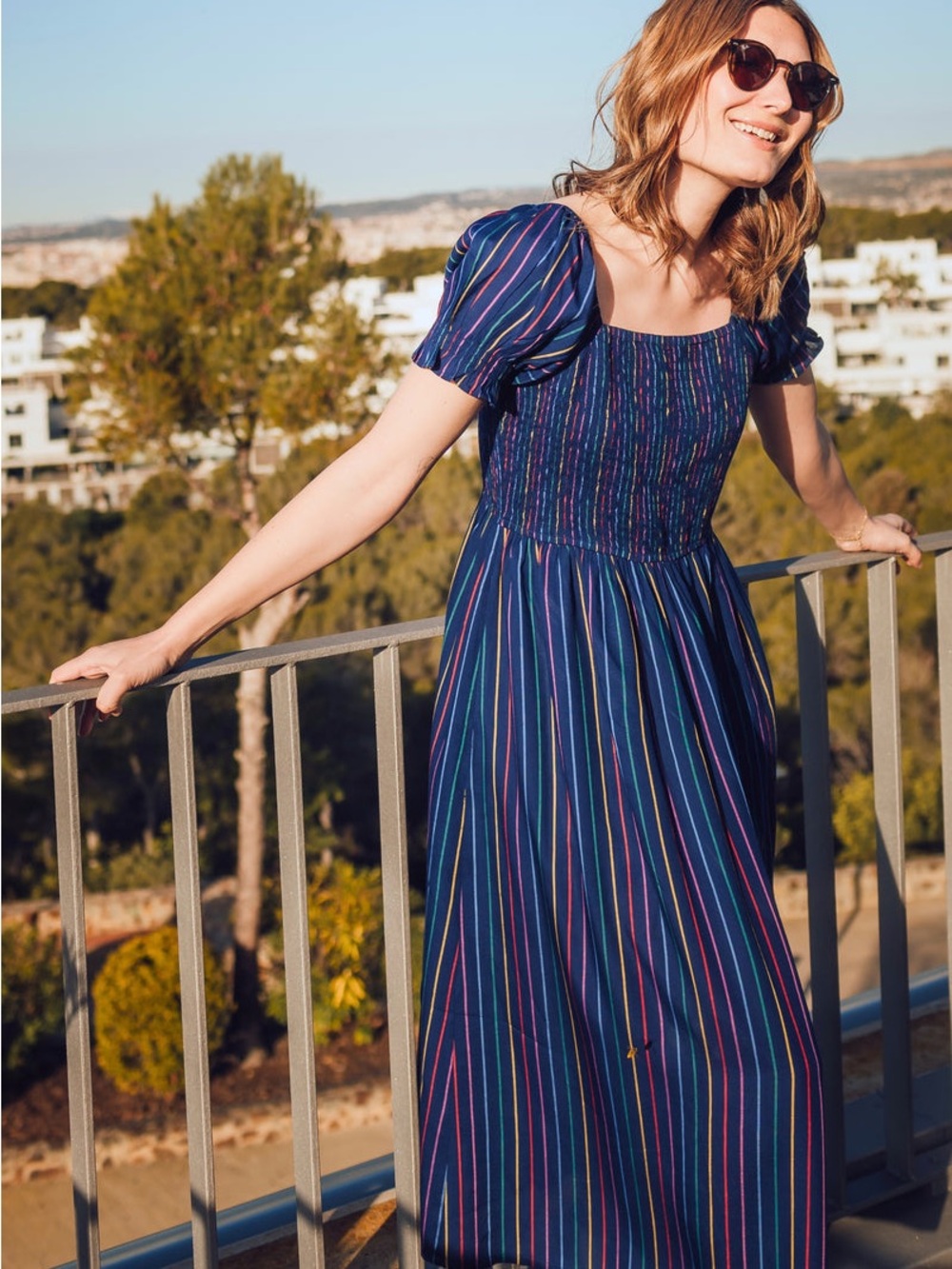 Sugarhill Brighton Marisol Midi Smocked Puff Sleeve Stripe Dress Size 12